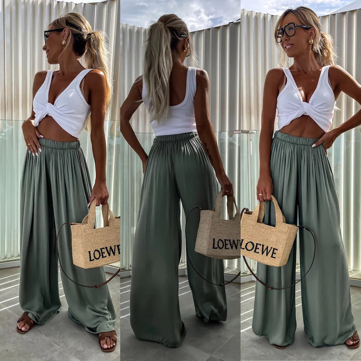 Women wide-cut Palazzo pants with high elastic waistband and flowing jersey Mune Fashion