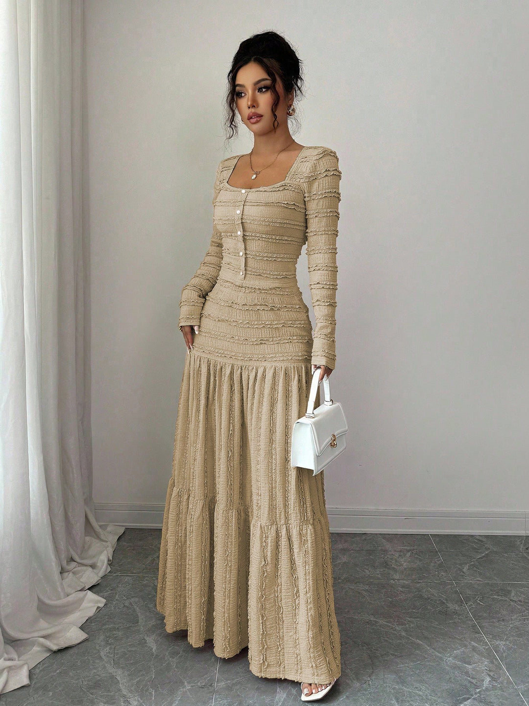 Women's fitted structured maxi dress with square neckline and button placket Mune Fashion