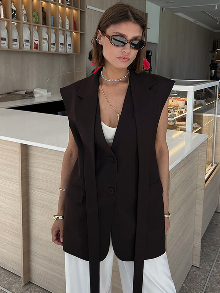 Women Sleeveless Long Blazer Vest with Structured Shoulders and Long Ties Mune Fashion