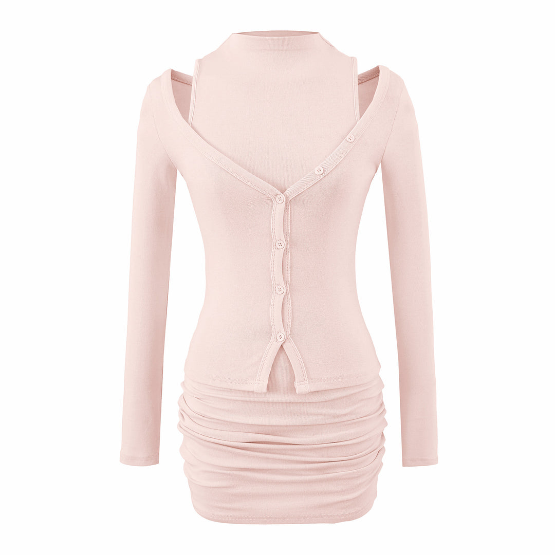 Ladies two-piece knit set with integrated high neck vest and asymmetric button cardigan Mune Fashion