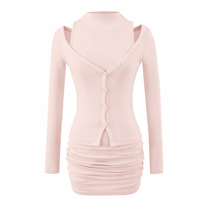 Ladies two-piece knit set with integrated high neck vest and asymmetric button cardigan Mune Fashion