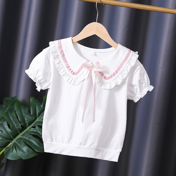 Girls T-shirt with ruffled collar and bow accents Mune Fashion
