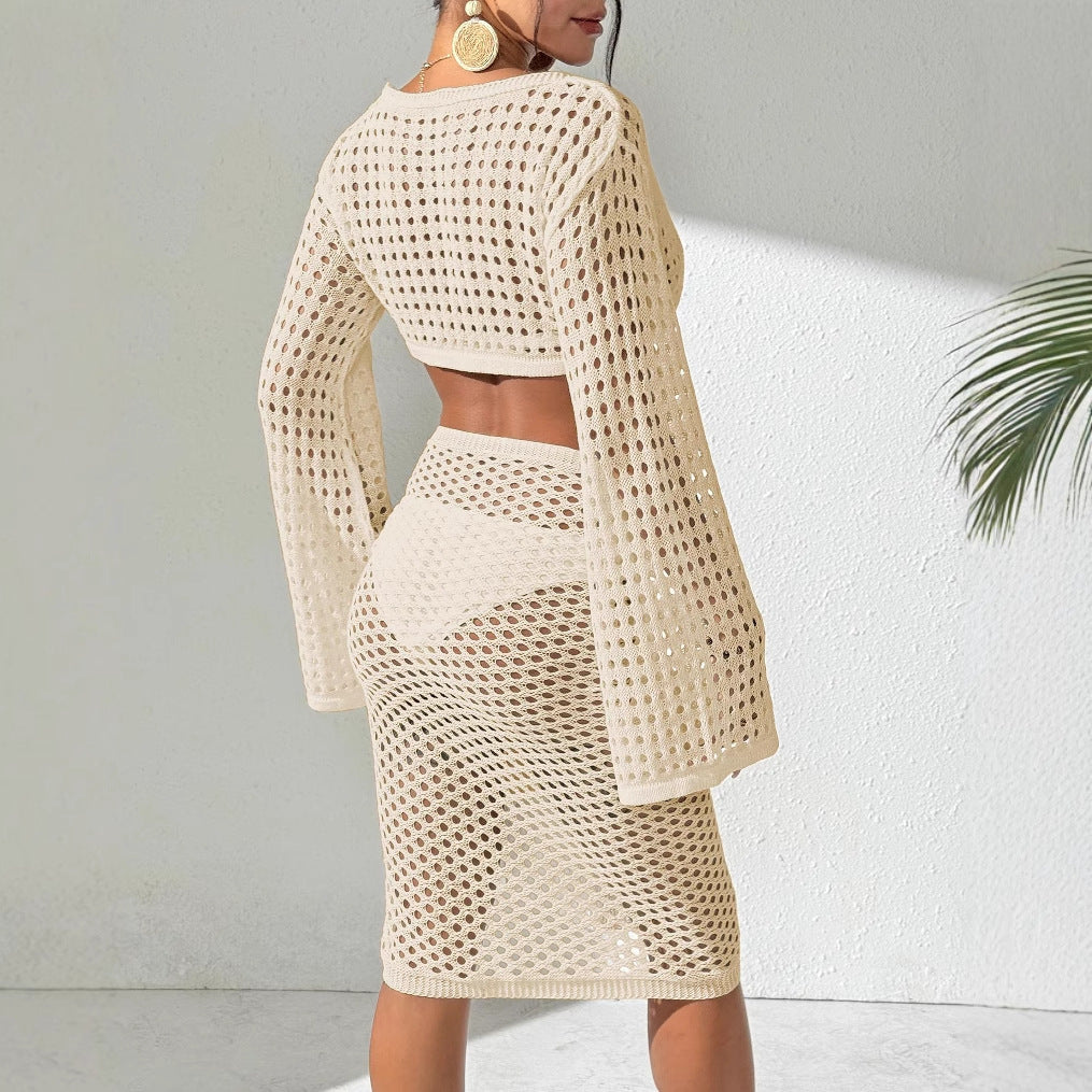 Ladies crocheted beach cover-up with elegant flared sleeves Mune Fashion