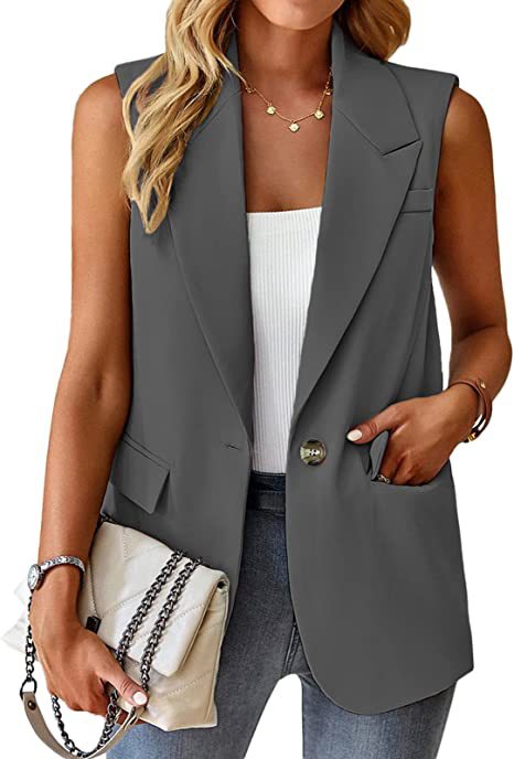 Women Sleeveless Longline Blazer Vest with Lapel Collar, Single Button and Patch Pockets Mune Fashion