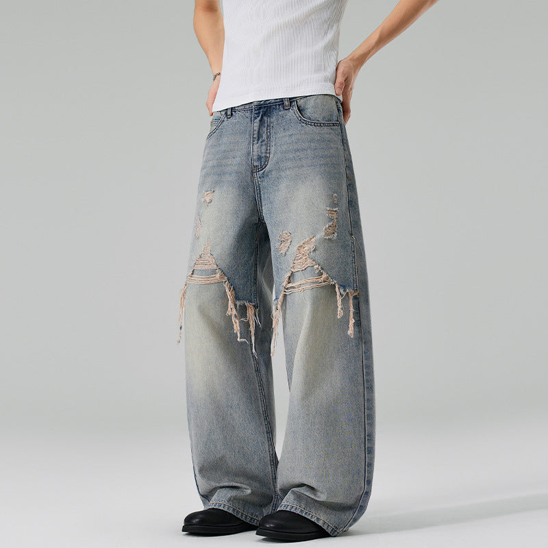 Men's Loose Baggy Jeans made of Denim with Frayed Front Panels Mune Fashion