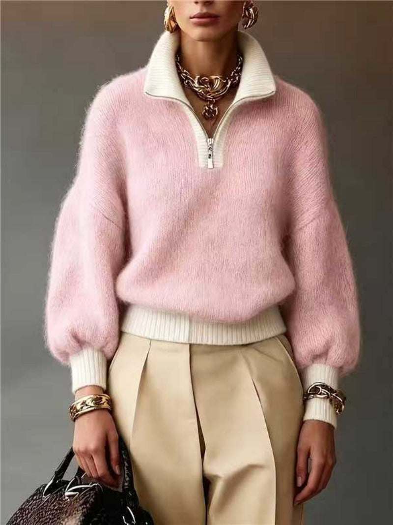 Women's Fluffy Sweater with Half Zipper, Stand Collar and Balloon Sleeves Mune Fashion