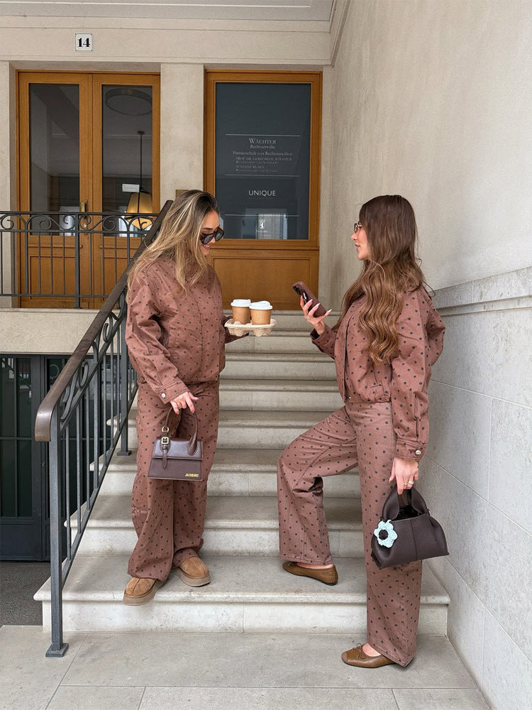 Women Two-Piece Polka Dot Loungewear Set made of Cotton Blend with Boxy Jacket and High-Waisted Wide Leg Pants Mune Fashion