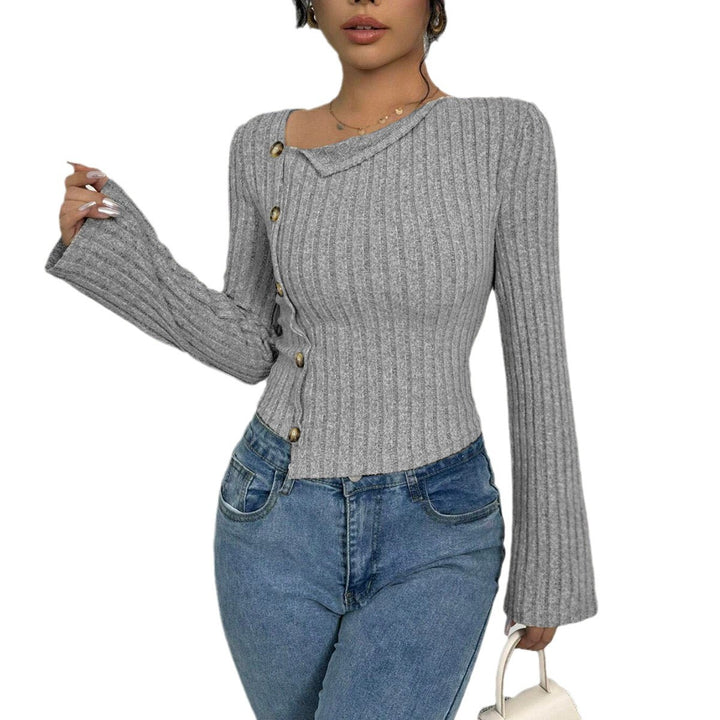 Women's asymmetrical ribbed knit top with side button placket, flared sleeves, and fitted silhouette Mune Fashion