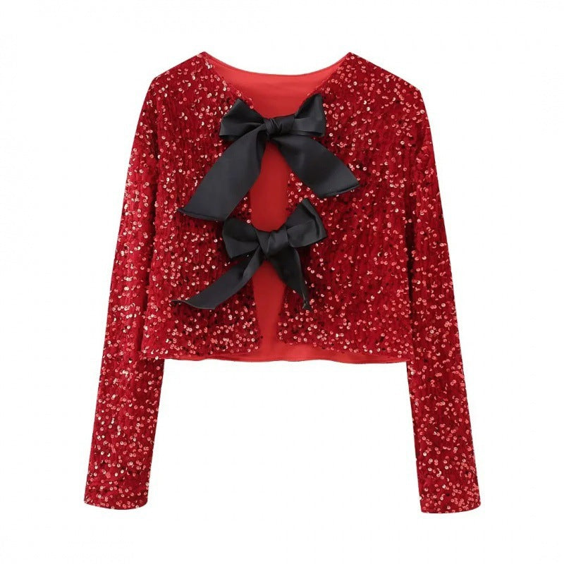 Women Sequin Bolero Jacket with Decorative Satin Bows Mune Fashion