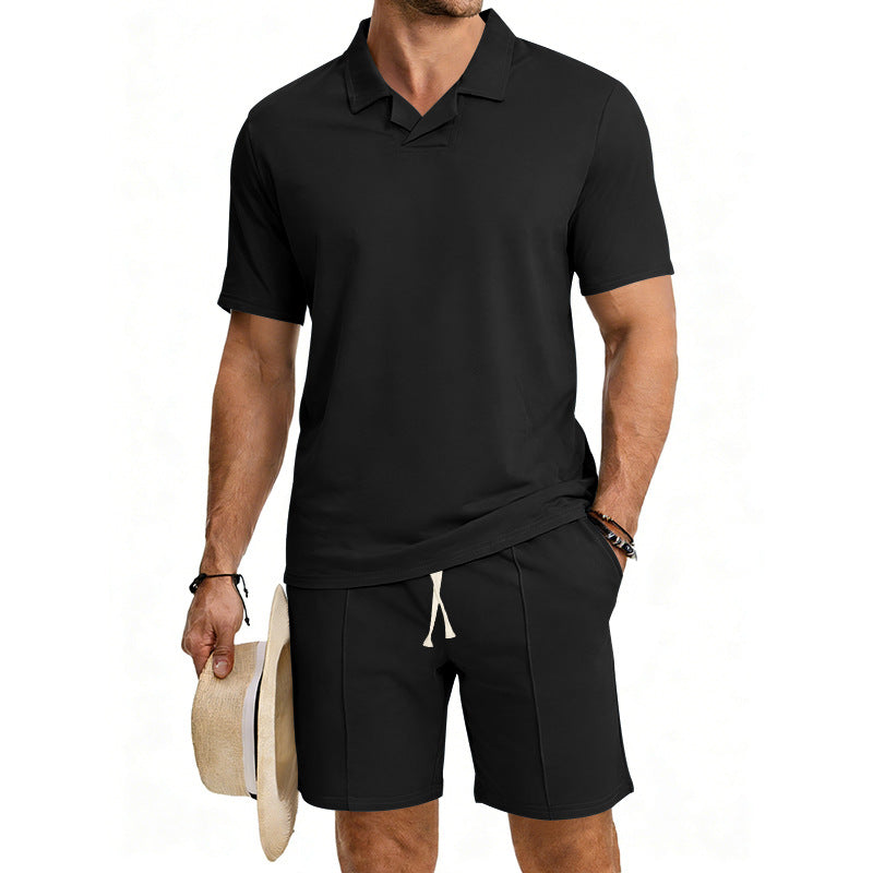Men's short-sleeved polo lounge set with V-insert at the collar and drawstring bermuda Mune Fashion