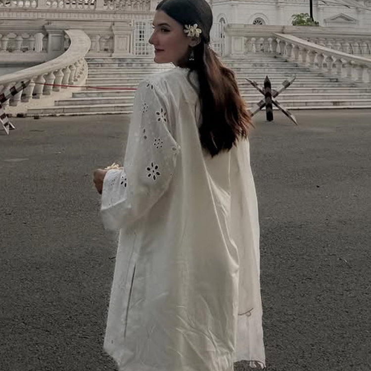 Women Loose Tunic Set with Broderie Anglaise and Wide Harem Pants Mune Fashion