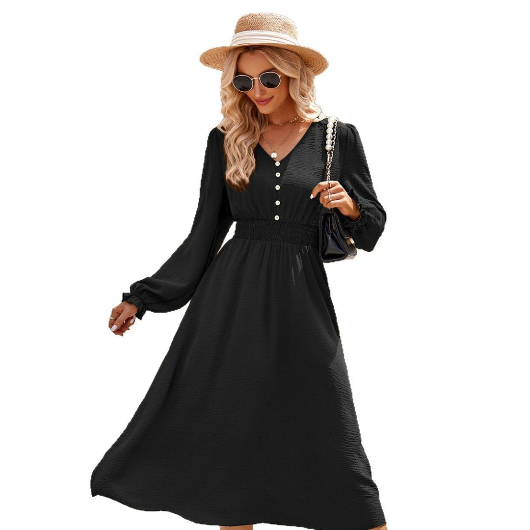 Women’s midi dress with V-neck, gathered smock waist and button placket Drune