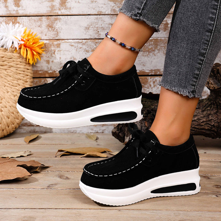 Ladies Velour Moccasin Plateau Sneaker with hidden wedge and padded comfort footbed Mune Fashion