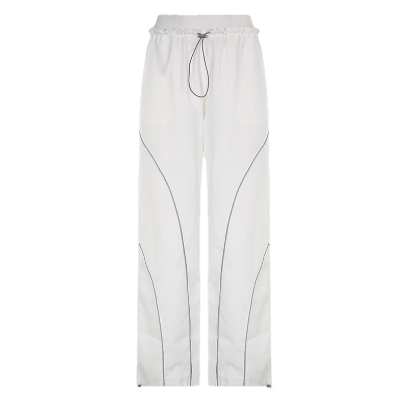 Women wide track pants with drawstring waistband, contrast seam design, and adjustable hem cords Mune Fashion