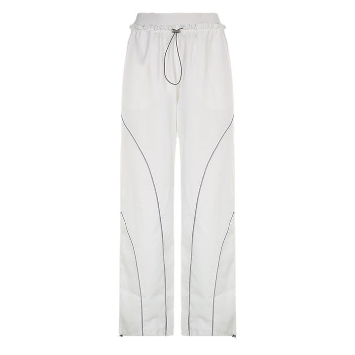 Women wide track pants with drawstring waistband, contrast seam design, and adjustable hem cords Mune Fashion