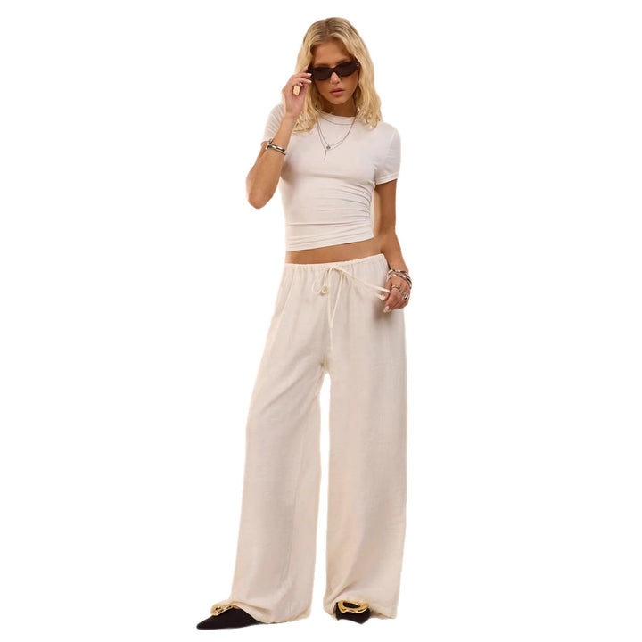 Ladies Wide Relax Pants made of Viscose-Linen Blend with Elastic Waistband and Drawstring Mune Fashion