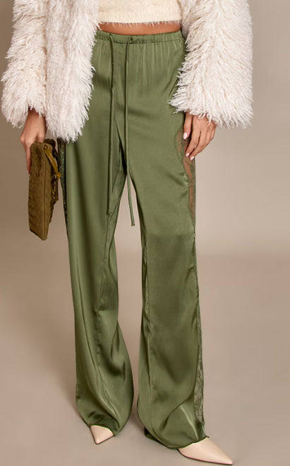 Women satin trousers with side lace inserts, wide leg and drawstring Mune Fashion