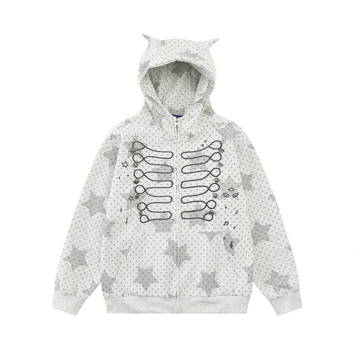 Women's Hoodie Sweat Jacket with 3D Ear Appliqués, Full Zip and Playful Military Illustration Print Mune Fashion