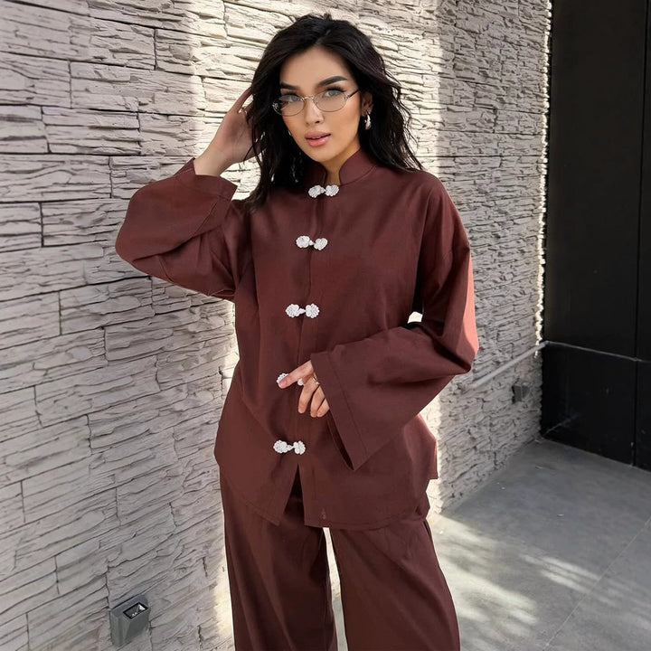 Women's loosely cut linen jacket with mandarin collar and frog closures Mune Fashion