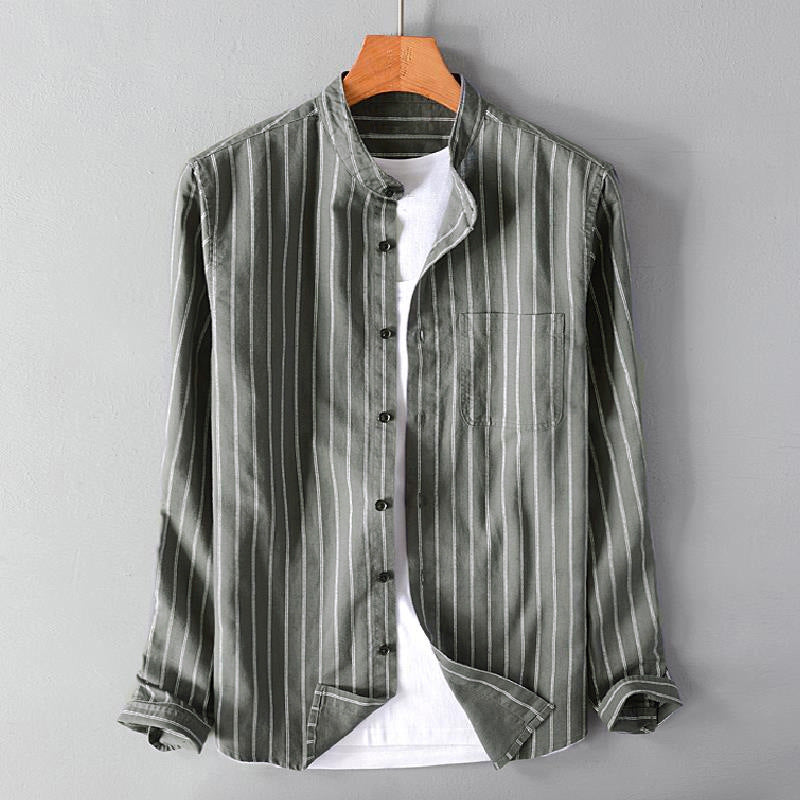 Men's casual striped stand-up collar shirt made of linen-cotton mix with chest pocket Mune Fashion