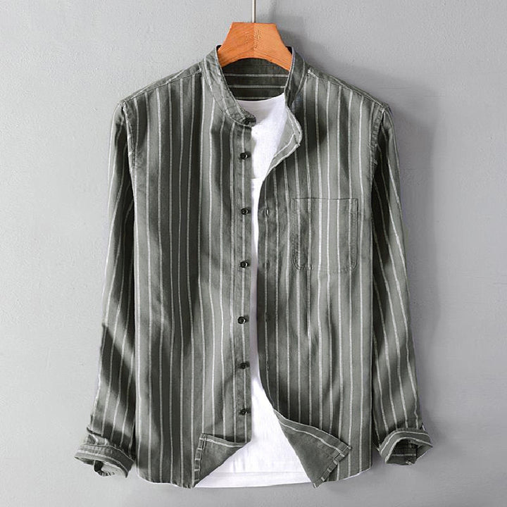Men's casual striped stand-up collar shirt made of linen-cotton mix with chest pocket Mune Fashion