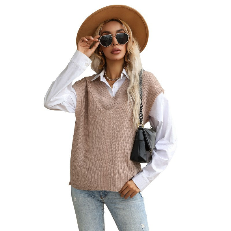 Women's Chunky Knit Oversized Vest with Deep V-Neck and Ribbed Hem Mune Fashion