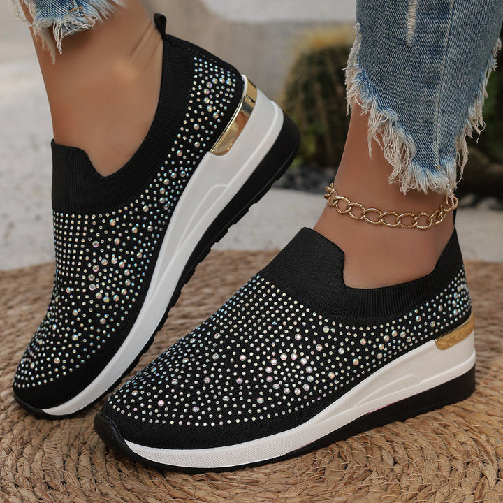 Women's knit slip-on sneakers with sparkling rhinestone trim, elastic entry, and cushioned platform sole Mune Fashion