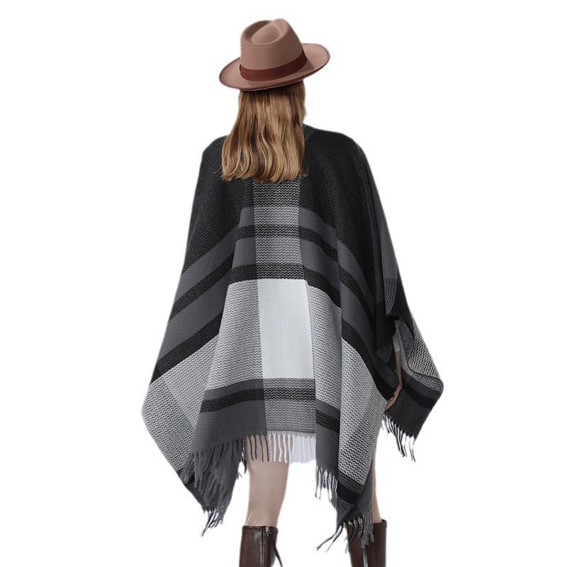 Women Oversized Wool Blend Wrap with V-Neck and Fringe Mune Fashion
