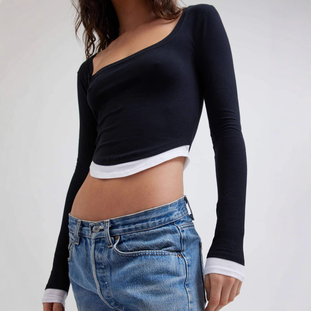 Women Cropped Long Sleeve Shirt with Square Neckline and Contrast Cuffs Mune Fashion