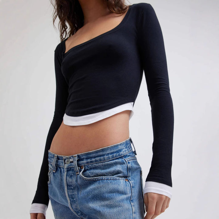 Women Cropped Long Sleeve Shirt with Square Neckline and Contrast Cuffs Mune Fashion