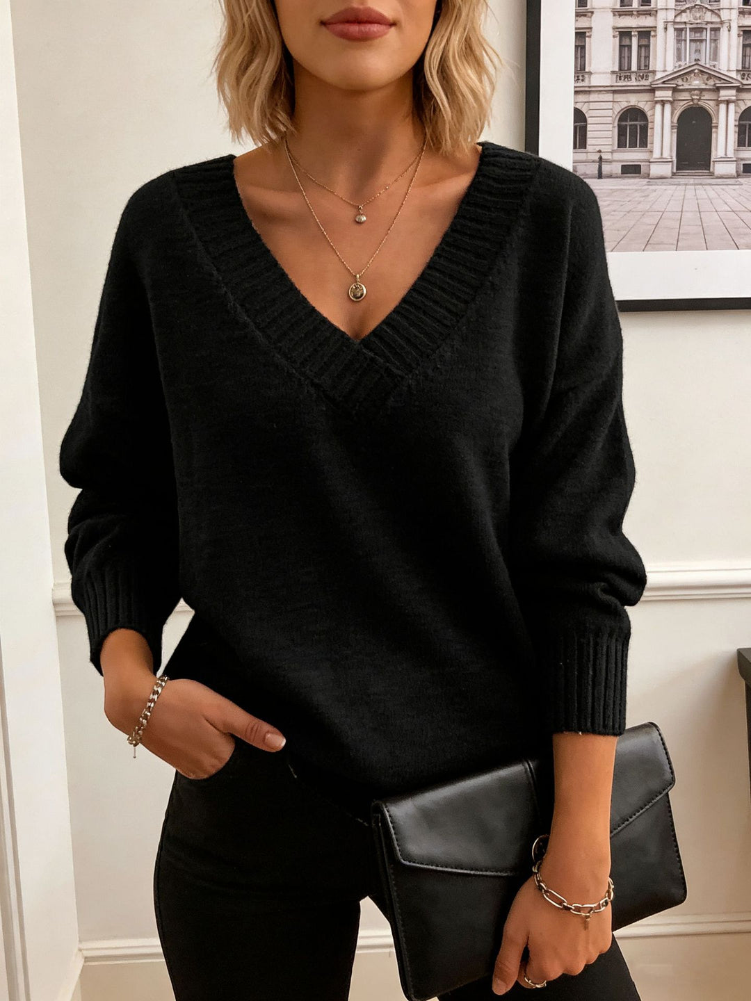 Women's fine knit sweater with deep V-neck and dropped shoulder Mune Fashion