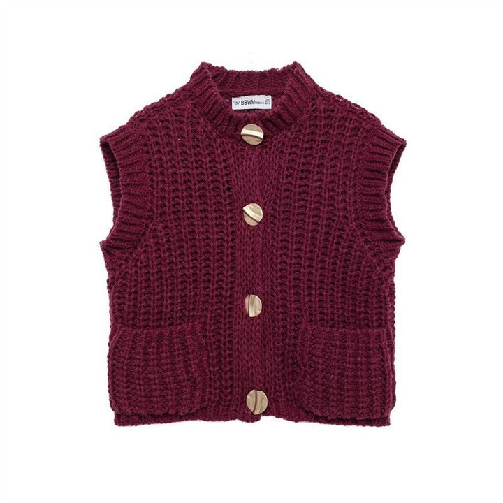 Women's chunky knit wool boxy vest with decorative buttons and side pockets Mune Fashion