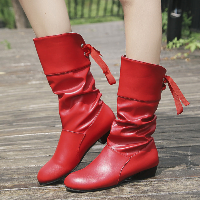 Women's Refined Boots with Mid-Height Shaft, Soft Gather and Decorative Bow Binding Mune Fashion