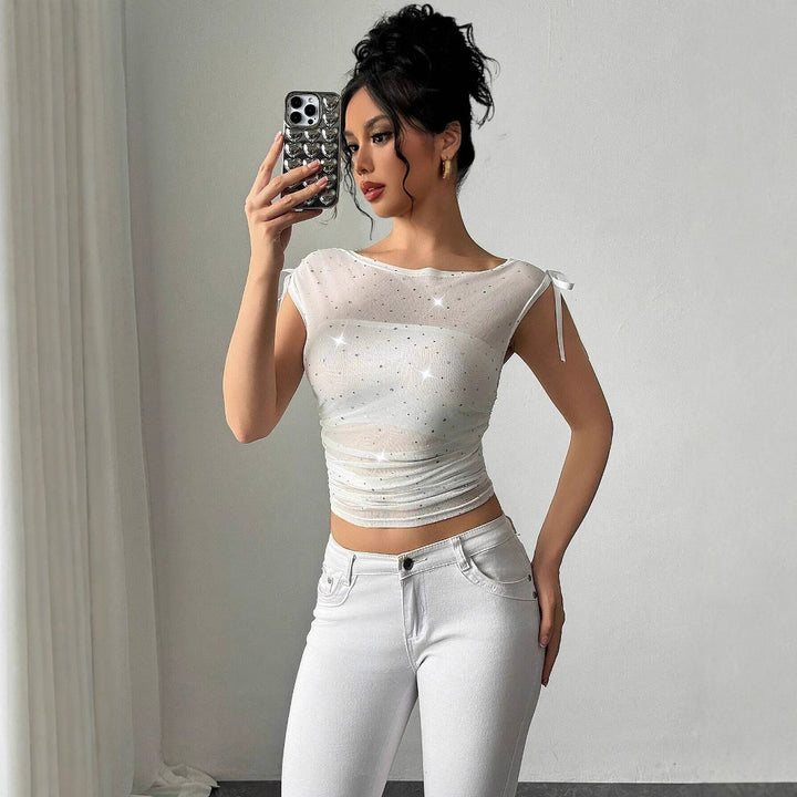 Women's transparent net top with sparkling glitter stones, shoulder knot and waist gathering Mune Fashion