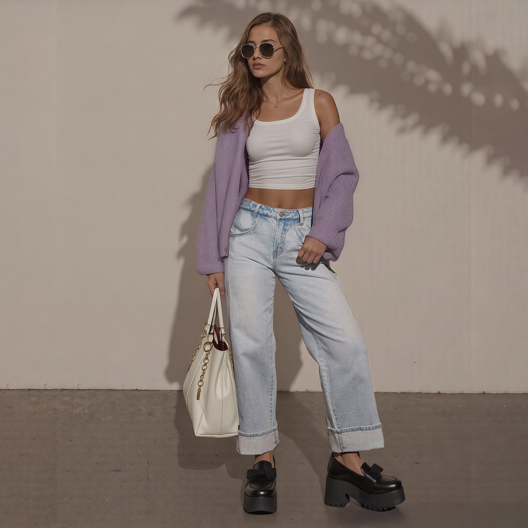 Women High-Waisted Wide Jeans with Extra Wide Cuff Mune Fashion