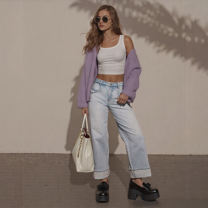 Women High-Waisted Wide Jeans with Extra Wide Cuff Mune Fashion