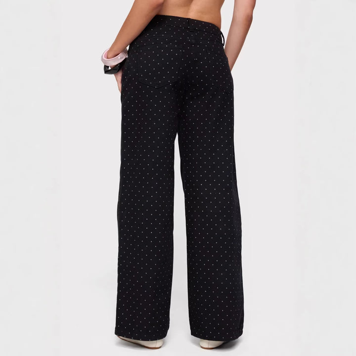 Women's high-waisted wide denim pants with continuous dot pattern and classic pocket design Mune Fashion