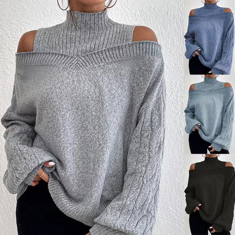 Women's off-the-shoulder knitted pullover with stand-up collar and cable-knit sleeves Mune Fashion