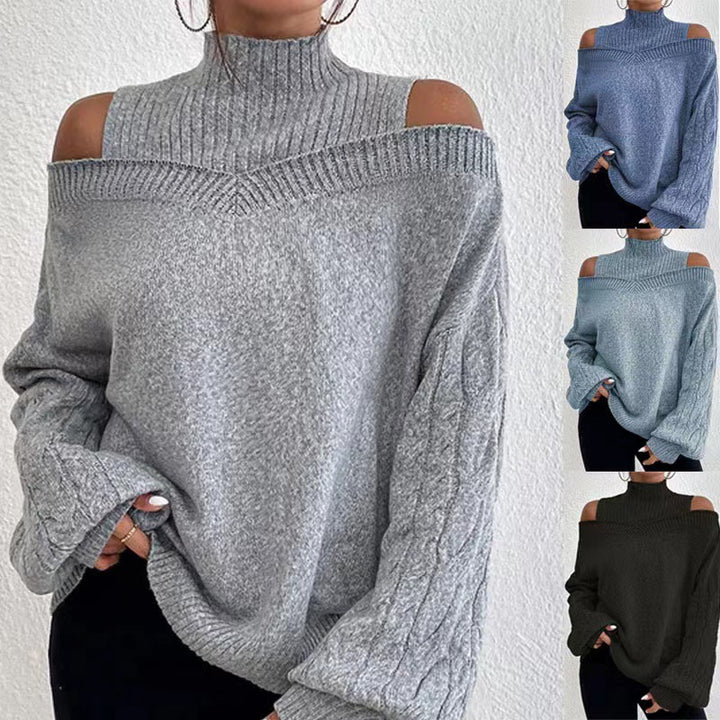 Women's off-the-shoulder knitted pullover with stand-up collar and cable-knit sleeves Mune Fashion