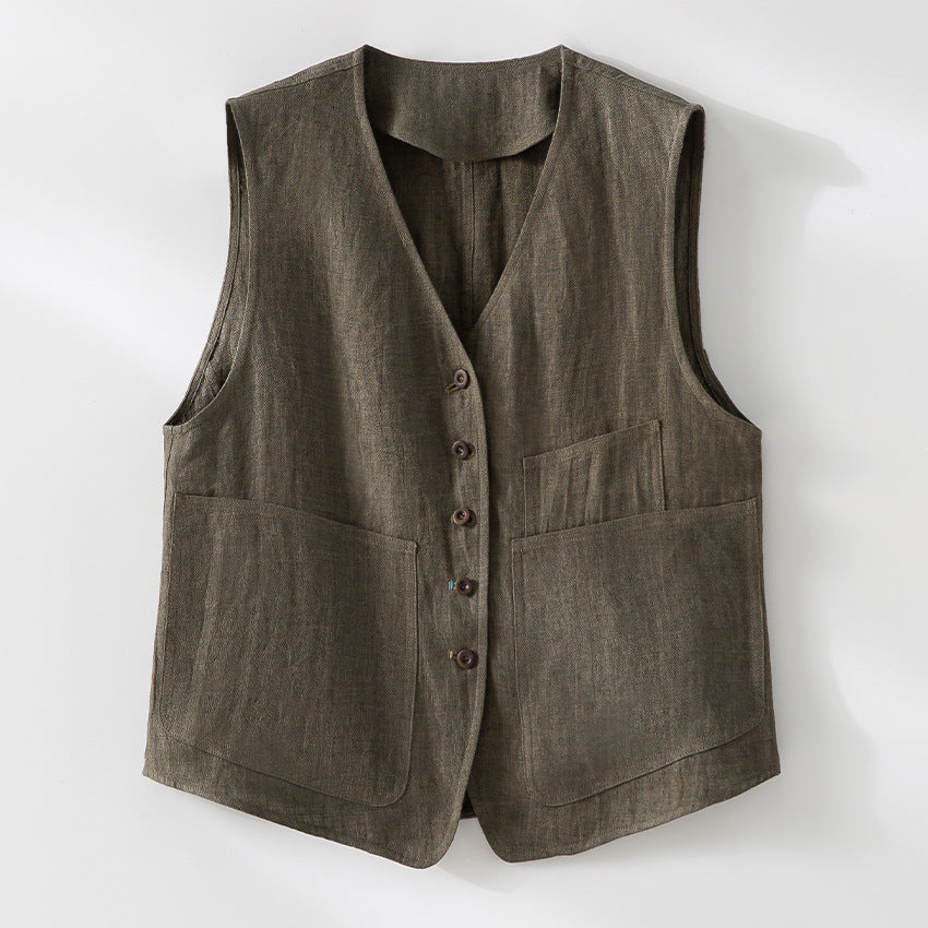 Women's linen vest with V-neck, patch pockets, and relaxed fit Mune Fashion