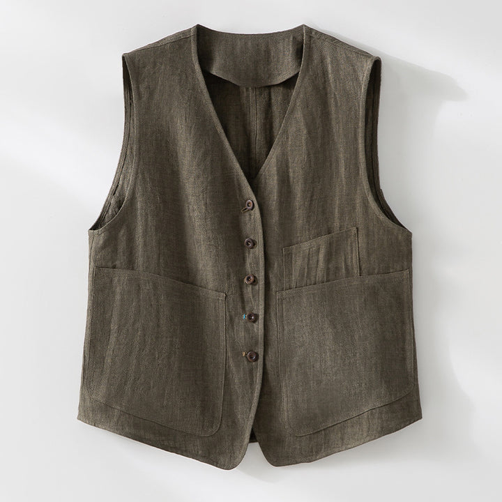 Women's linen vest with V-neck, patch pockets, and relaxed fit Mune Fashion