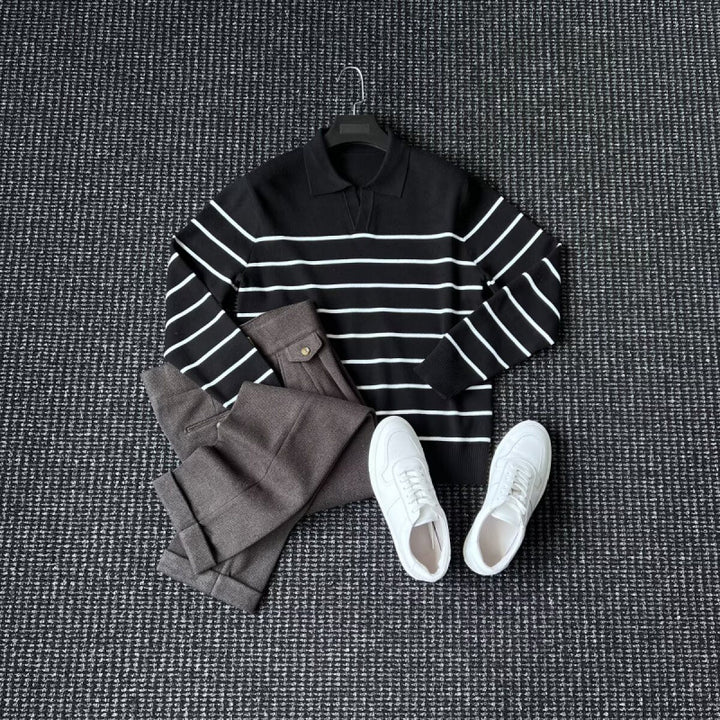Men's Fashionable Knit Sweater with V-Neck and Stripes Mune Fashion