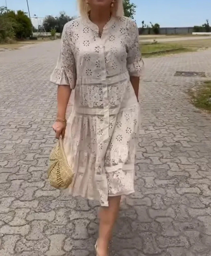 Women's romantic midi dress with broderie anglaise, buttoned top, stand-up collar, half-length flounce sleeves, and tiered hem Mune Fashion