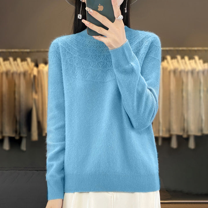 Women's Cozy Mohair Look Pullover with Decorative Structure on the Top and High Collar Mune Fashion