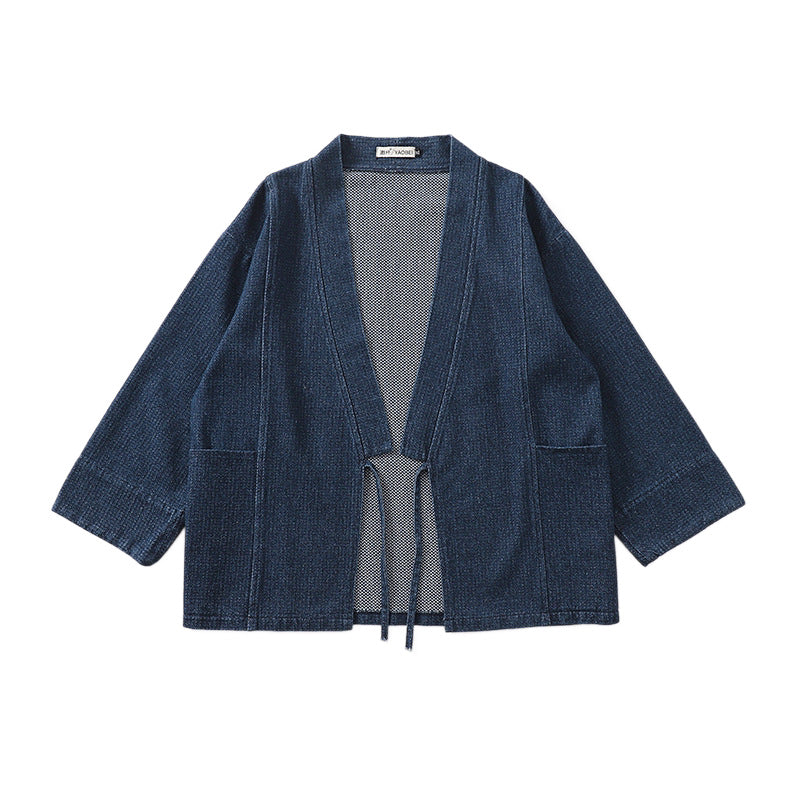 Unisex Jeans-Kimono Jacket with Ties and Patch Pockets Mune Fashion