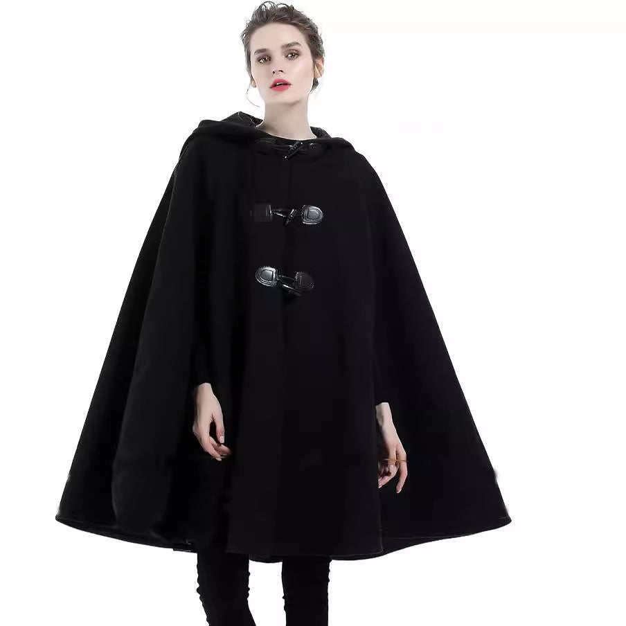 Women's Cape Coat with Hood and Toggle Closures Mune Fashion