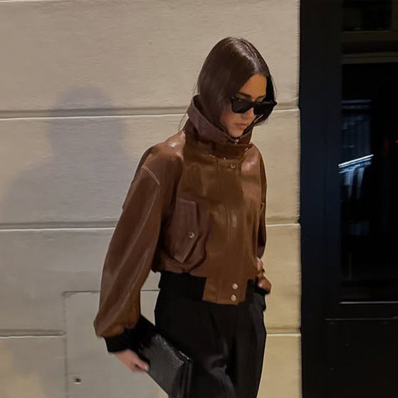 Women's short-cut leather blouse jacket with high stand-up collar and balloon sleeves Mune Fashion