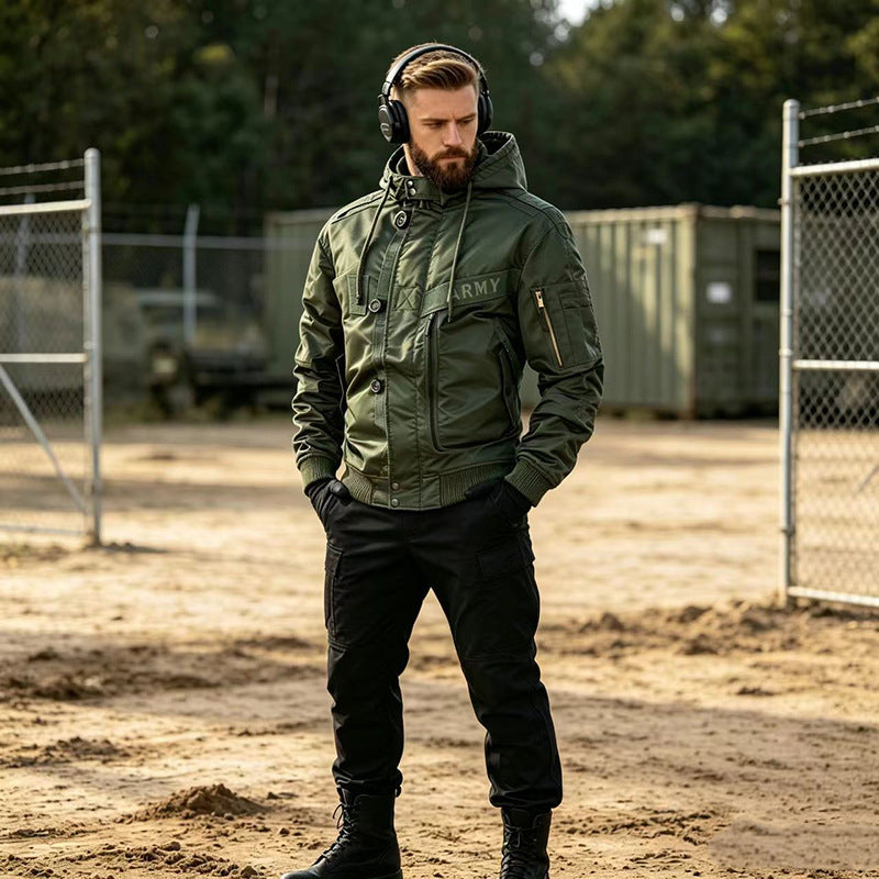 Men's Military-Inspired Hooded Bomber Jacket with Utility Pockets Mune Fashion