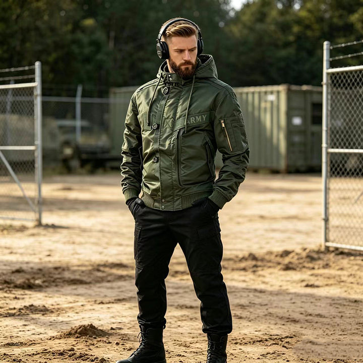 Men's Military-Inspired Hooded Bomber Jacket with Utility Pockets Mune Fashion