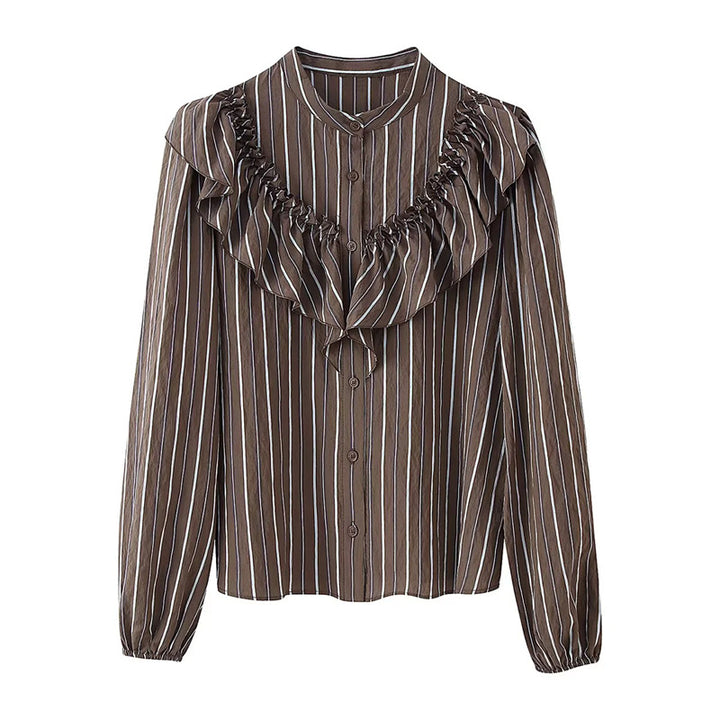 Women's striped ruffle blouse with stand-up collar, button placket, and elastic cuffs Mune Fashion